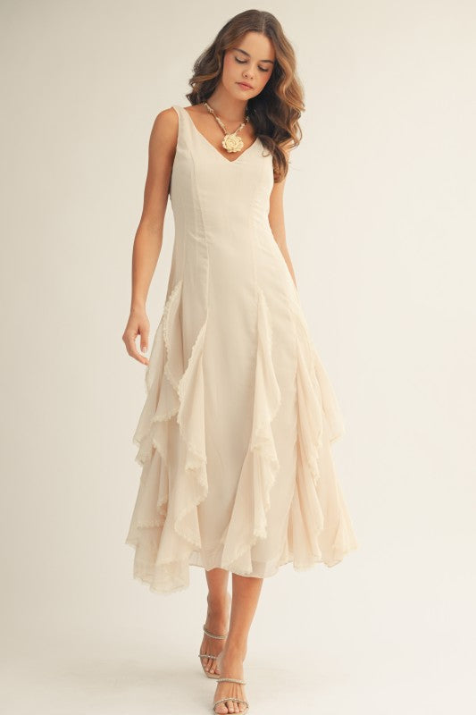 v neck ruffle hem cape large hemline midi dress beige Cream with V-Neck – Li Fashion Specialist Color:Navy/Rose Gold White Backless Formal Dress FY25WK48_EOSS-ROWex
