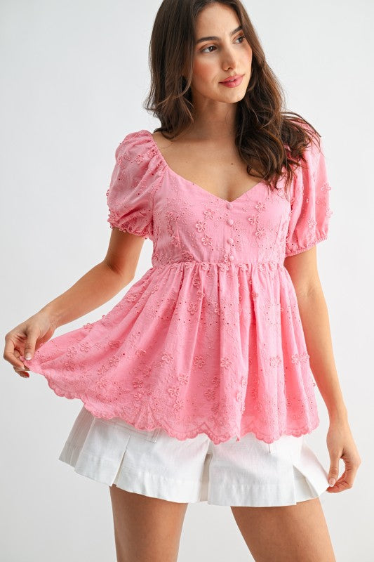 Embroidered Floral Puff Sleeve Blouse(Pre order)