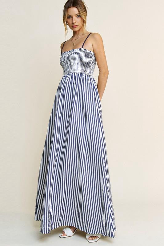 STRIPED SLEEVELESS SMOCKED POPLIN MAXI DRESS (PRE ORDER)