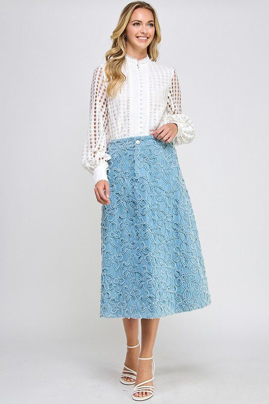 Flowers Denim Midi Skirt