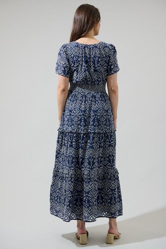 Navy Embroidered Midi Dress