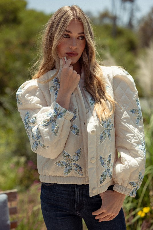 Quilted patchwork floral cream-blue jacket