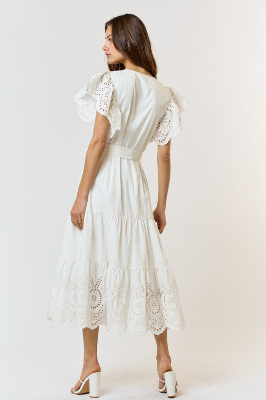 V neck eyelet white dress