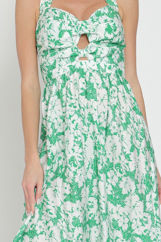 Halter green/white midi dress