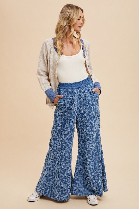 FLOWER CHENILLE DENIM WIDE PALAZZO PANTS