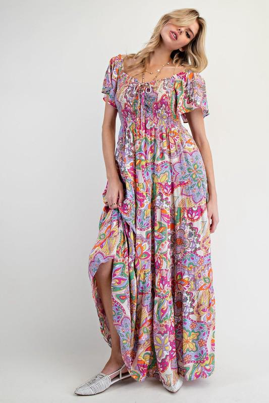 Printed rayon maxi tiered dress