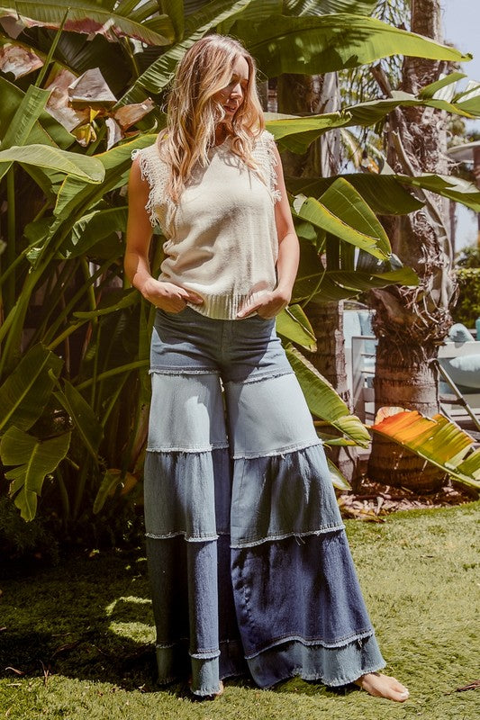 Bell-bottoms layer denim pants