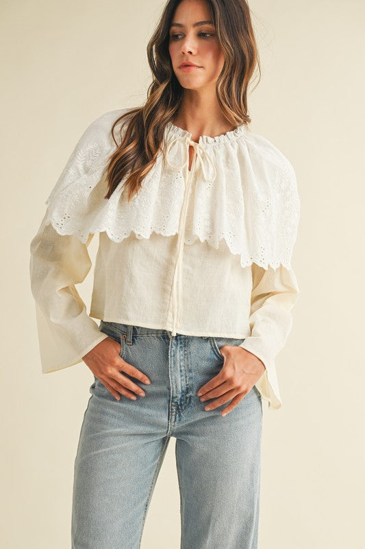 Scallop Edge Eyelet Cape Bell Sleeve Blouse(Pre order)