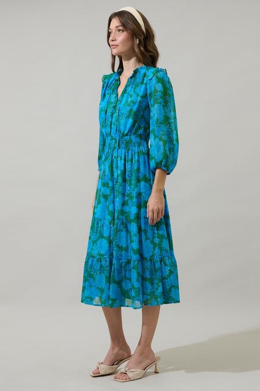 Blue Floral Midi Dress - Tiered Long Sleeve