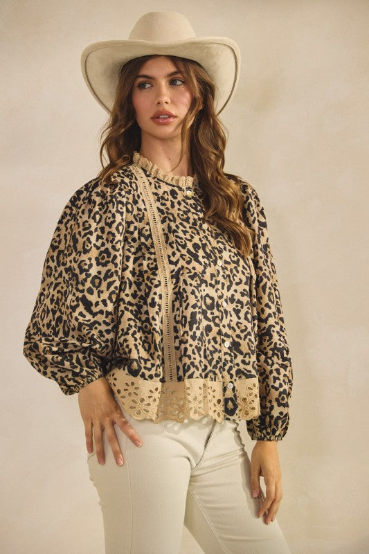 Leopard Ruffled Neck Shirts Top(Pre orde)