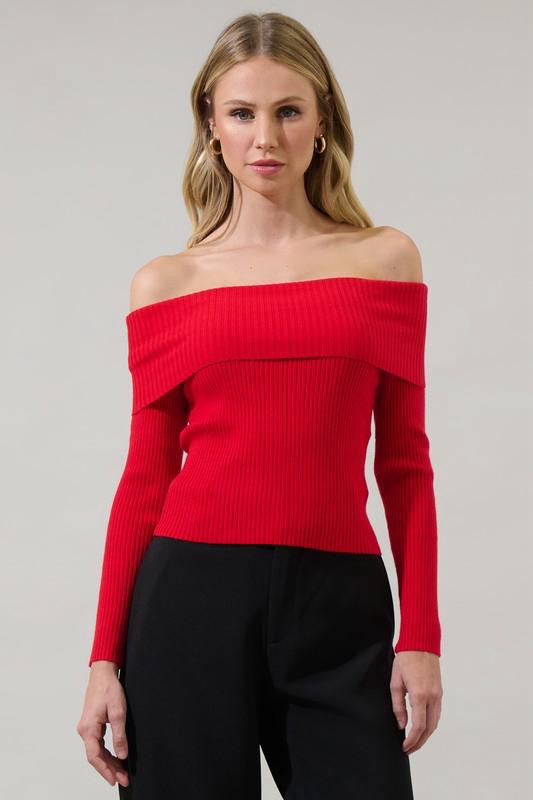 Red Off-Shoulder Ribbed Knit Top