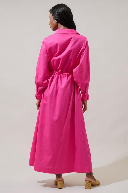 Fuchsia Maxi Shirt Dress with Adjustable Waist