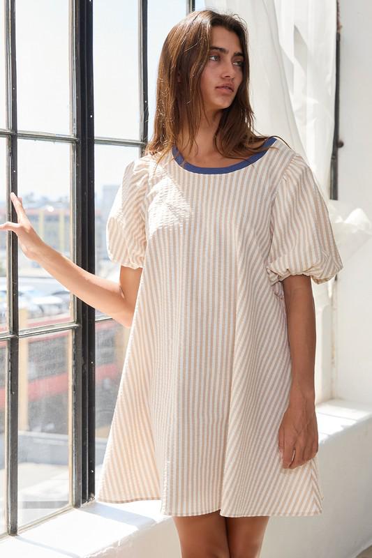 Stripe Print Puff Sleeve Versatile Pullover Dress