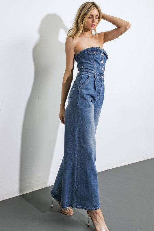 Strapless denim wide leg jumpsuit