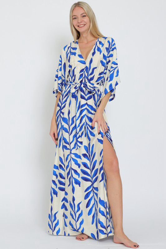 KIMONO SLEEVE ELASTIC WAISTED BELTED MAXI DRESS (Preorder)