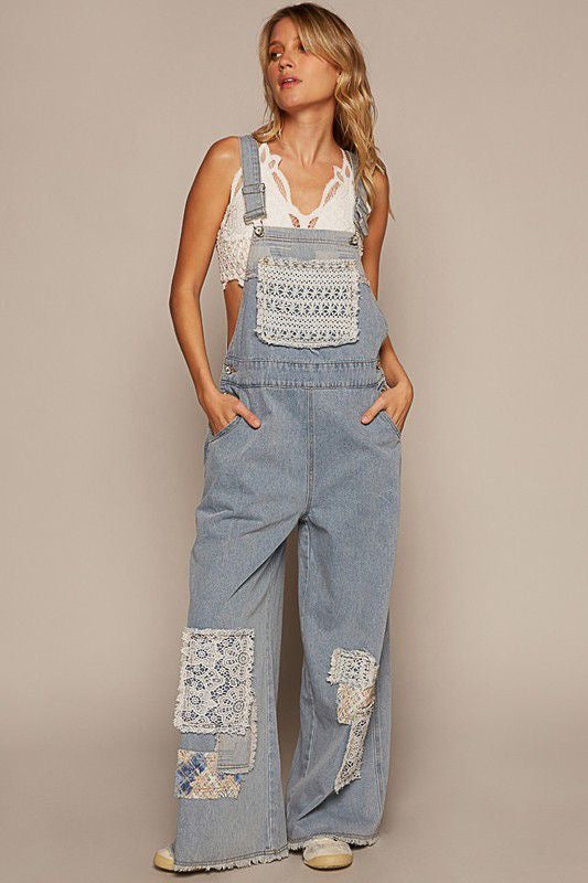 Boho Overall Jumpsuit With Lace Detail Denim