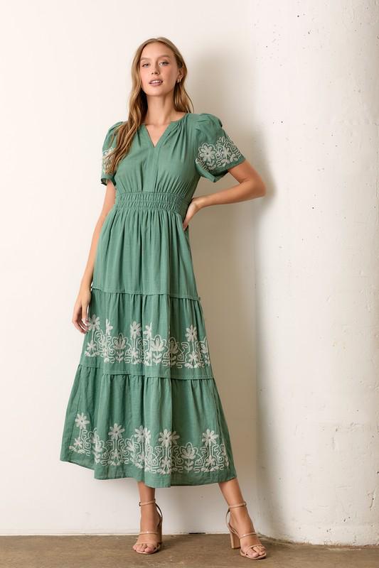 Sage Embroidered Boho Maxi Dress