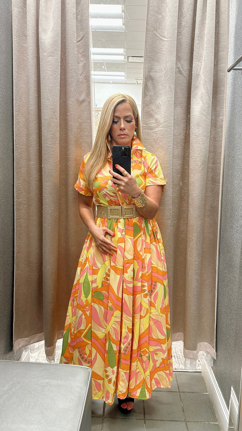 Shirt yellow/tangerine print dress