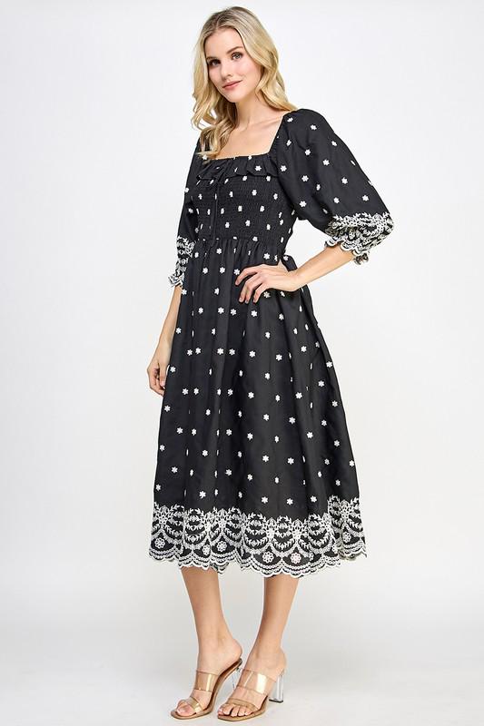 Black and White Embroidered Trim Midi Dress