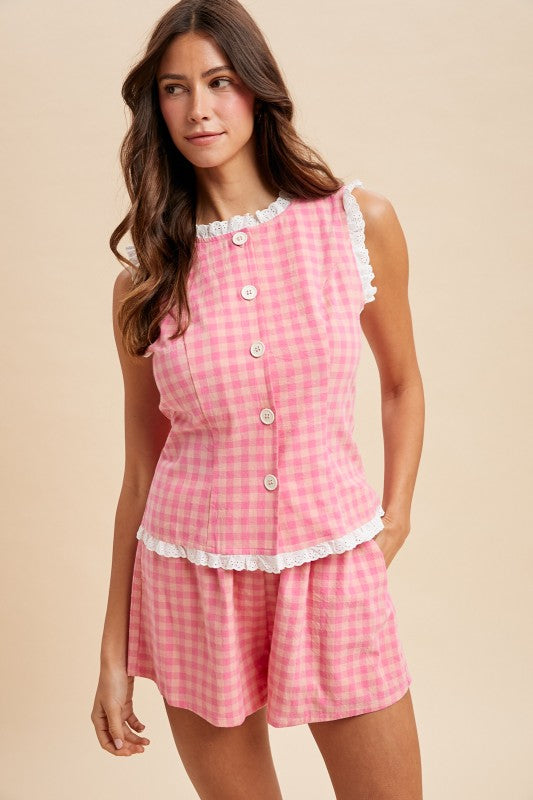 Lace Trimmed Gingham Check Vest & Shorts Set(Pre order) (01/28/26)