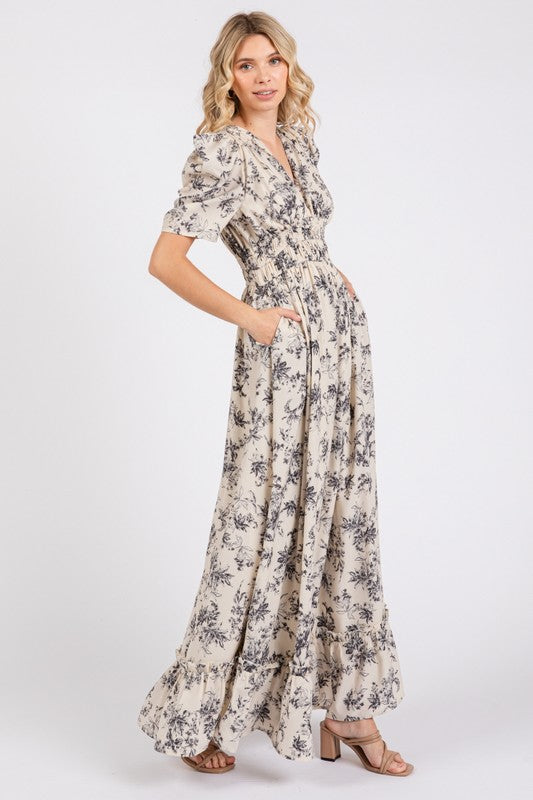 V Neck Ivory Print Maxi Dress