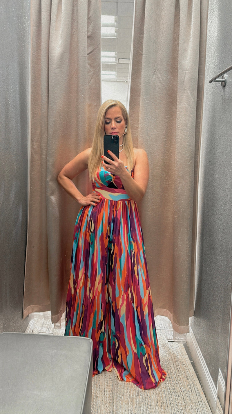 Strapless pleated multicolor jumpsuit