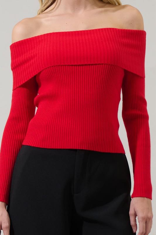 Red Off-Shoulder Ribbed Knit Top