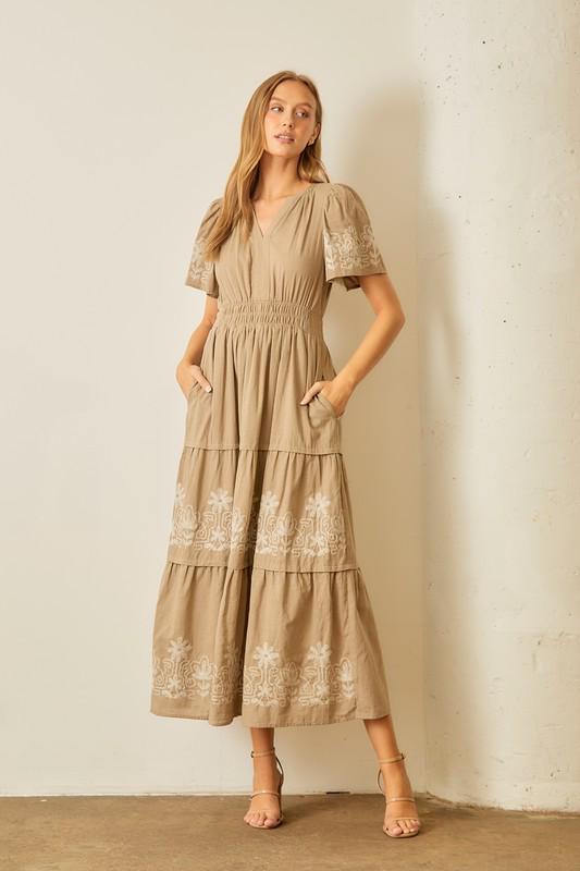 Taupe Embroidered Boho Maxi Dress