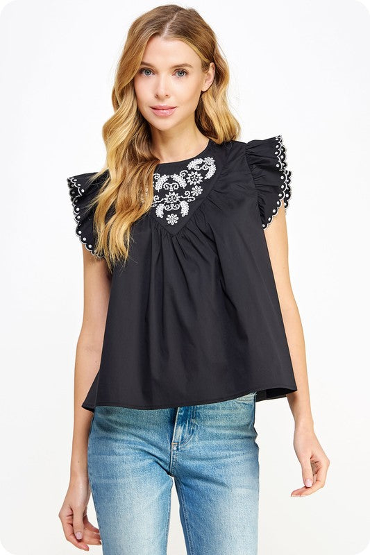 Black contrast embroidered eyelet sleeveless poplin top