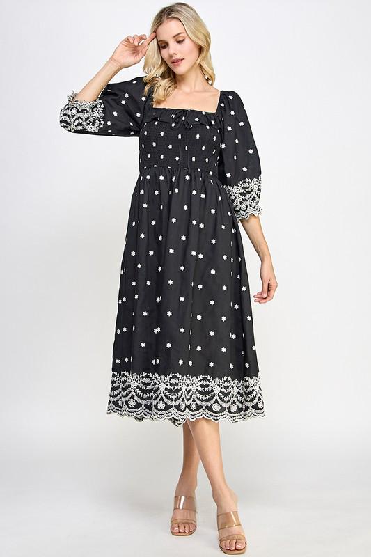 Black and White Embroidered Trim Midi Dress