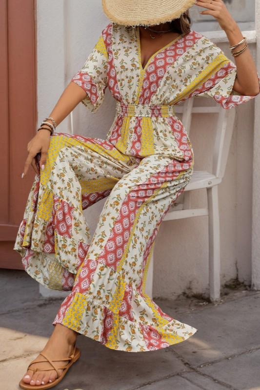 Boho-Style Floral Print High-Waisted Belted Wide-Legged Jumpsuit