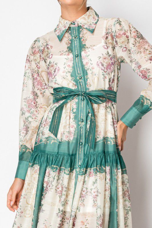 Green Floral Belted Maxi Dress