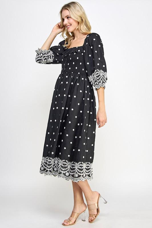 Black and White Embroidered Trim Midi Dress