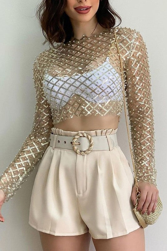 Long-sleeve sheer crop top with intricate embellishments