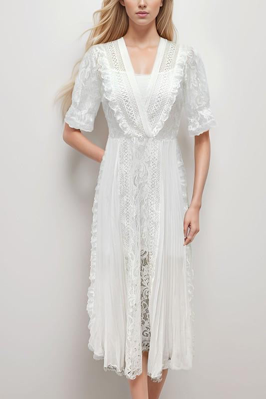 Victorian White V Neck Lace Maxi Dress