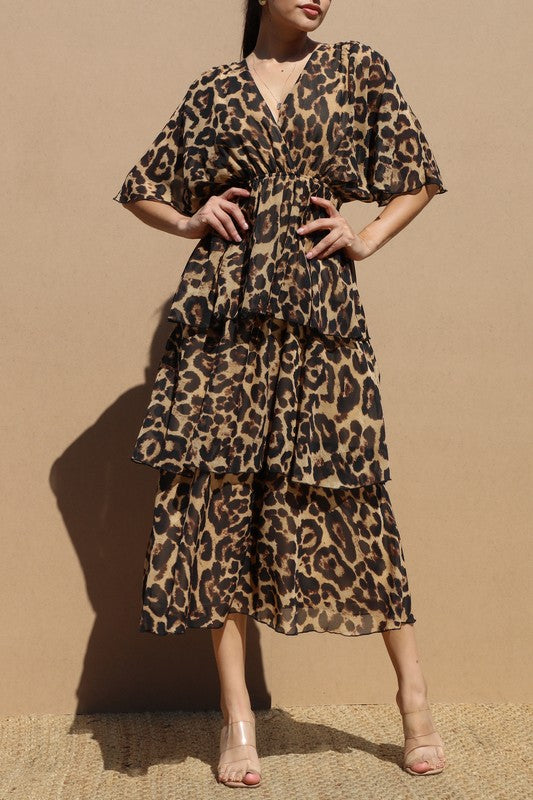 Animal Print V Neck Smocked Maxi Dress