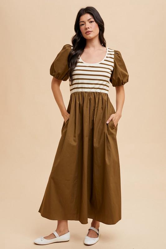 Striped Puff Sleeve Maxi Dress