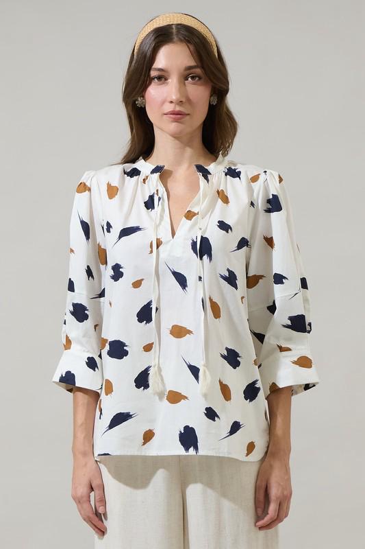 Ivory with abstract print navy & camel top