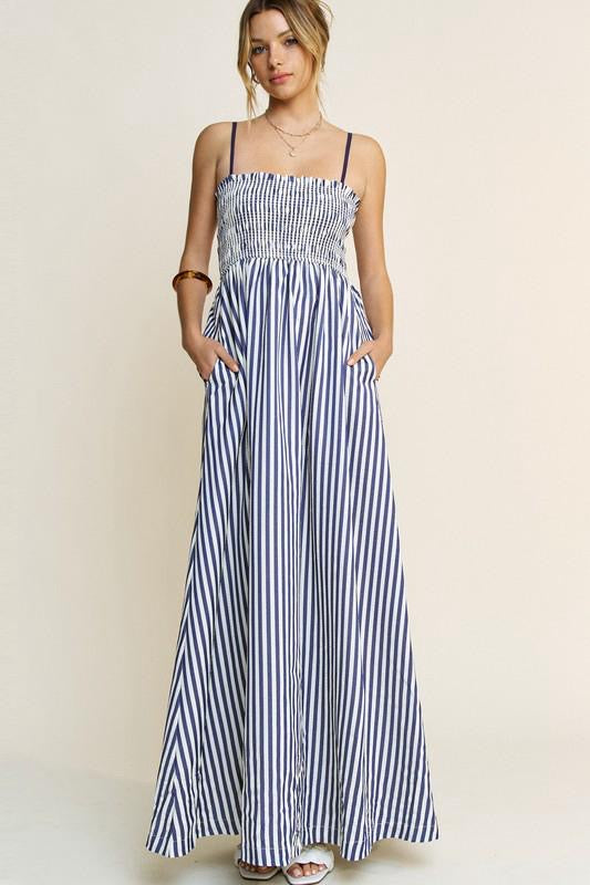 STRIPED SLEEVELESS SMOCKED POPLIN MAXI DRESS (PRE ORDER)