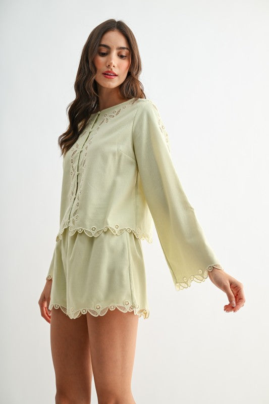 Button-front Lace Top And Short Set(Pre order)