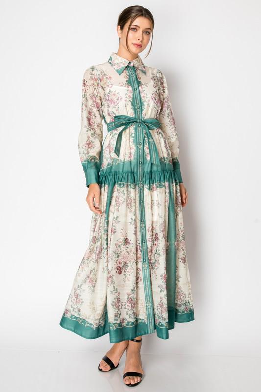 Green Floral Belted Maxi Dress