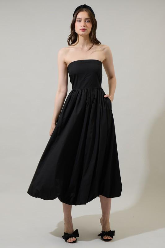 Strapless Black Bubble Midi Dress