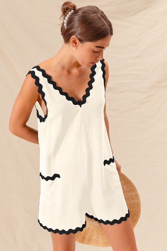 V Neck Linen Ivory Black Romper