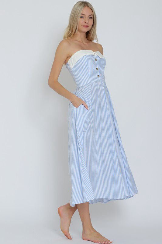 TUBE BUTTON DOWN STRIPE MIDI DRESS (Preorder)