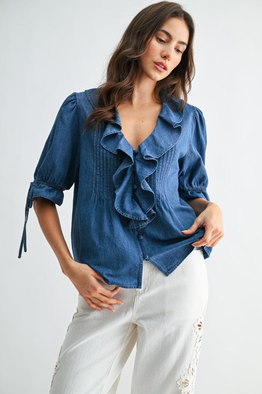 Denim Pleated Ruffle Blouse With Puff Sleeves(Pre order) (02/27/26)