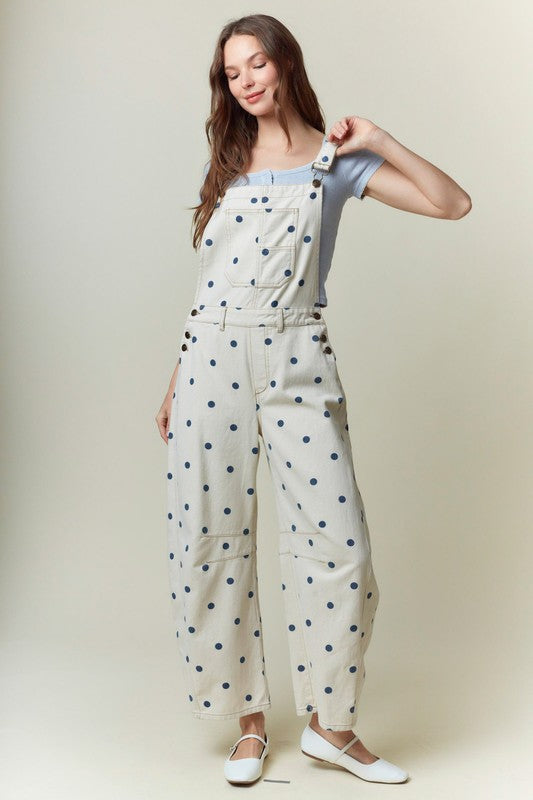 Polka Dot Printed Denim Barrel Overall Jumpsuit (Pre order)