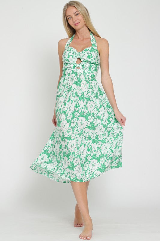 Halter green/white midi dress