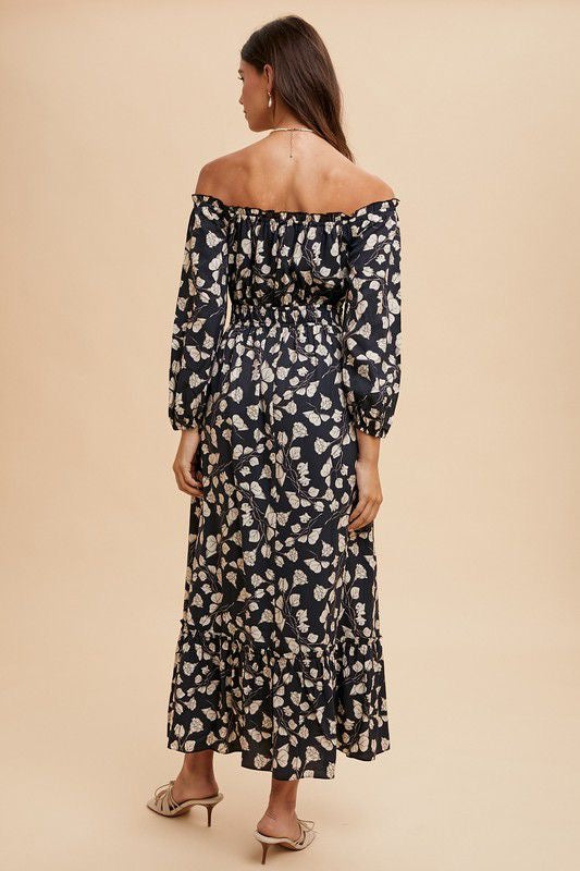 FLOWER PRINTED OFF THE SHOULDER MAXI DRESS