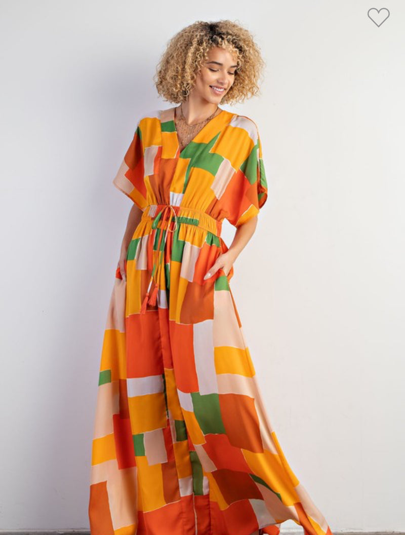 V neck kimono camel orange maxi dress