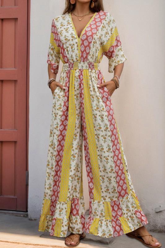 Boho-Style Floral Print High-Waisted Belted Wide-Legged Jumpsuit